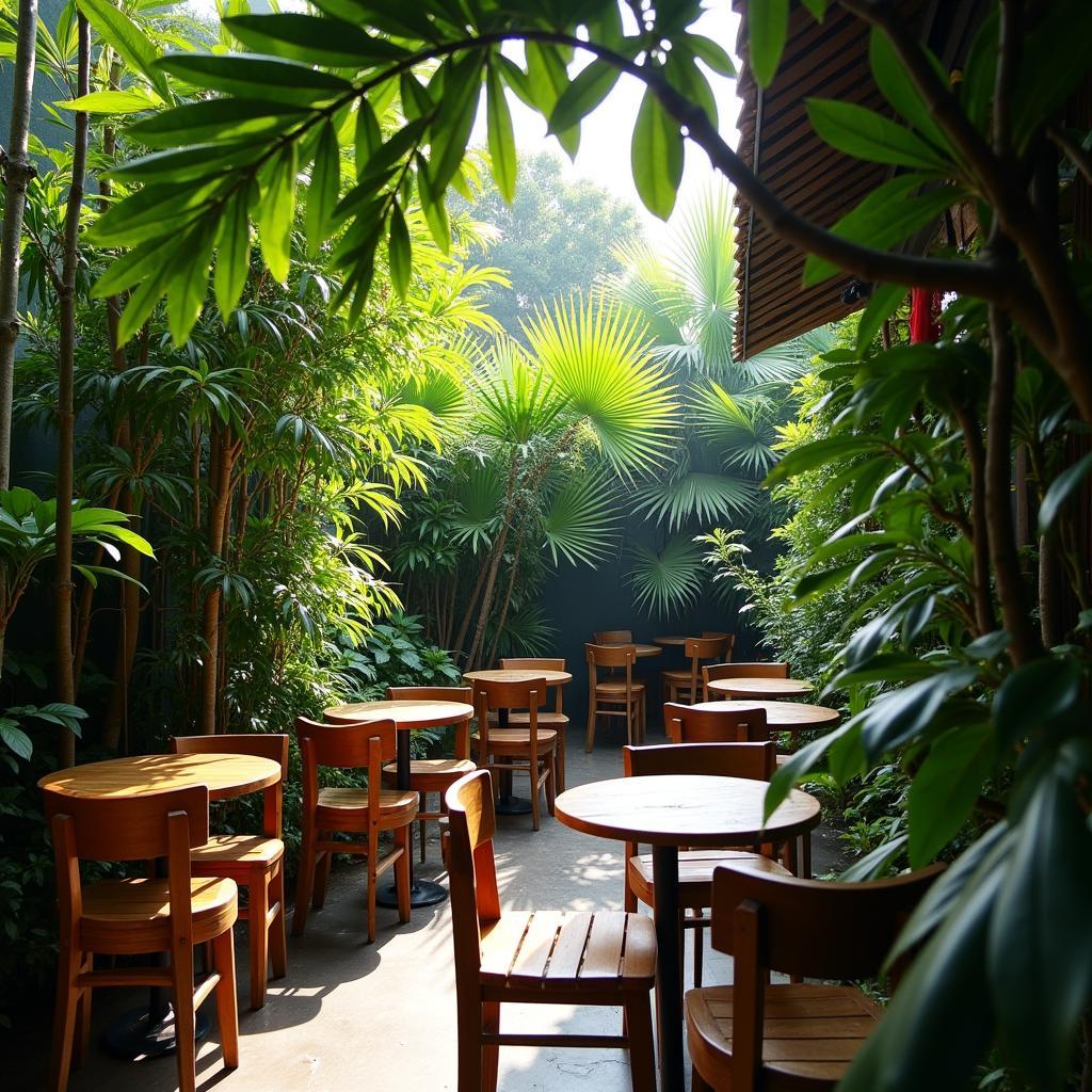 khong gian xanh mat yen binh cua the bush coffee soc trang voi cay co va ban ghe go doc dao
