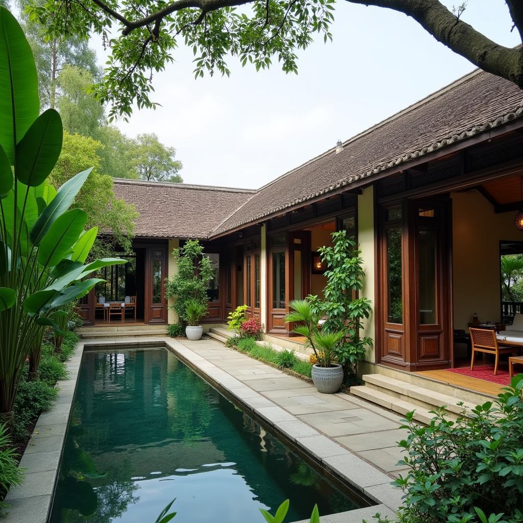 Không gian villa spa yên bình tại Huế, kiến trúc cổ kính, vườn cây xanh mát.