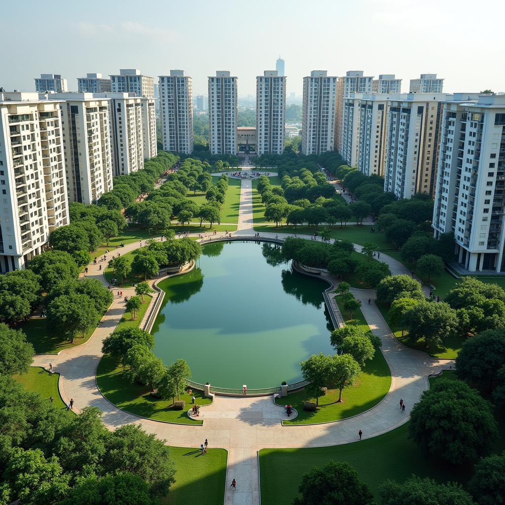 Không gian xanh thoáng đãng và hồ Linh Đàm thơ mộng cạnh chung cư HH3C Hoàng Mai Hà Nội.