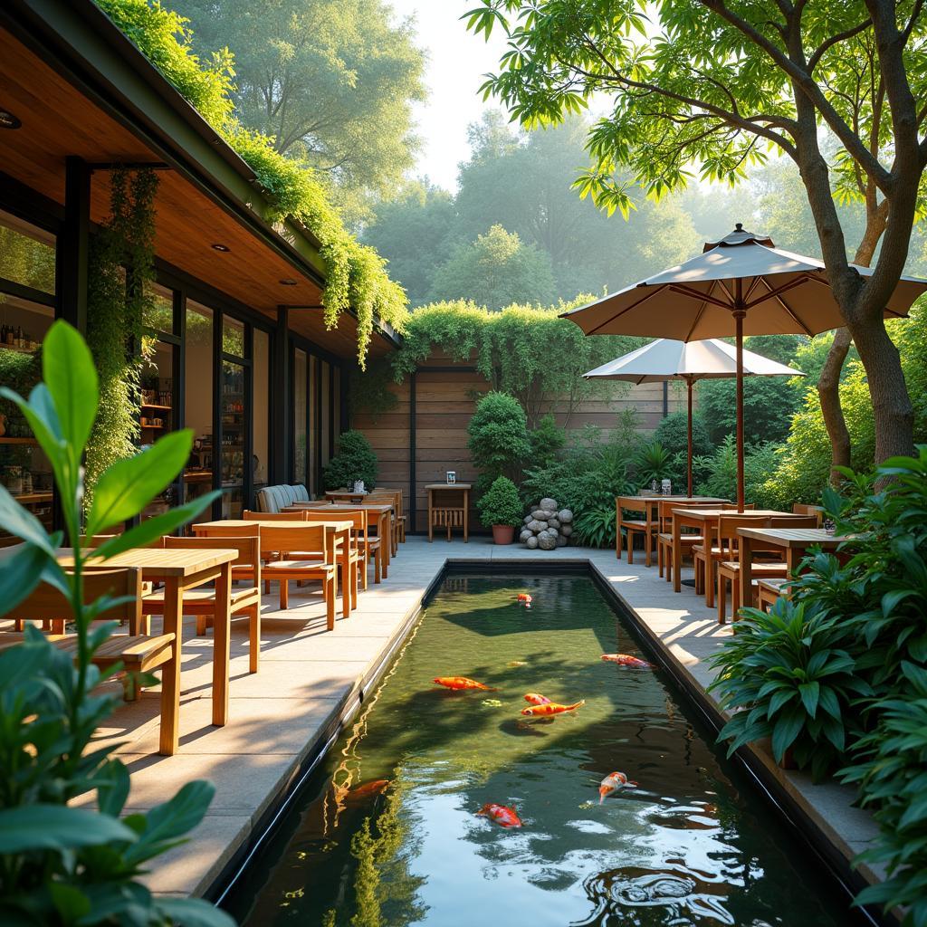Toàn cảnh không gian xanh mát và yên tĩnh của quán cà phê Gladia the water tại đường Võ Chí Công, Thủ Đức, TP.HCM