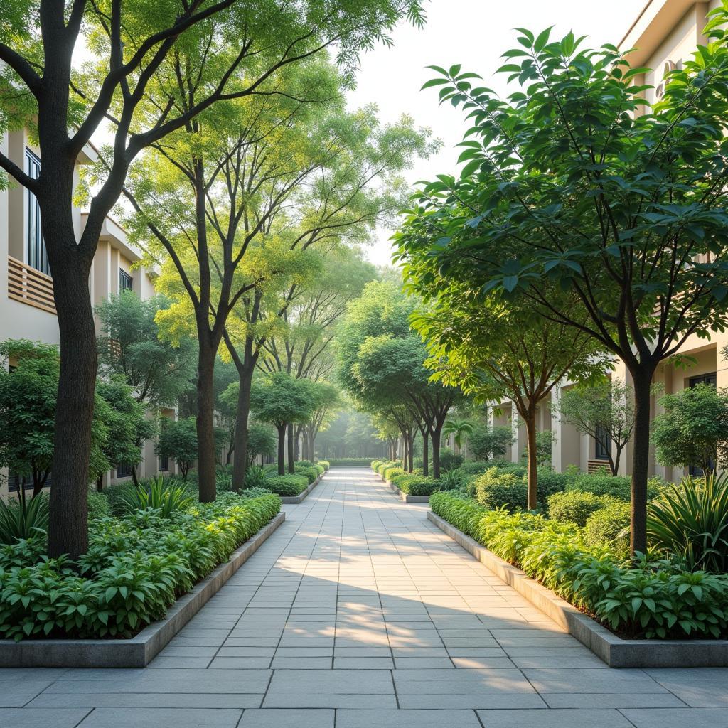 Khung cảnh yên bình và xanh mát tại một góc Quận Bắc Từ Liêm, thể hiện sự pha trộn giữa không gian sống và thiên nhiên