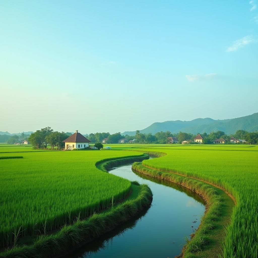 Toàn cảnh không gian sống xanh mát, yên bình với cánh đồng lúa và kênh rạch tại xã Tân Nhựt, Bình Chánh.