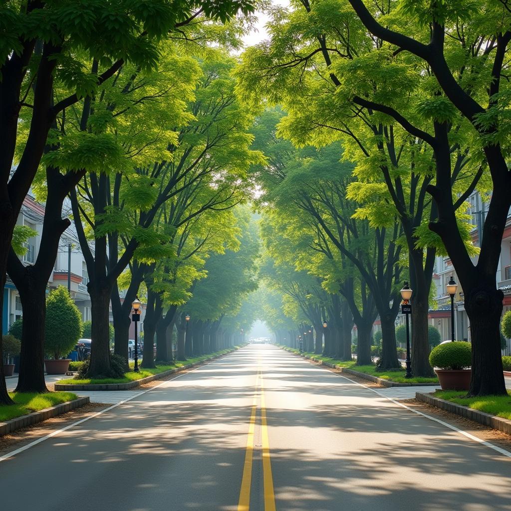Hình ảnh một con đường nội khu rợp bóng cây xanh tại Phường Tân Sơn, thành phố Thanh Hóa, thể hiện không gian sống yên bình và trong lành.