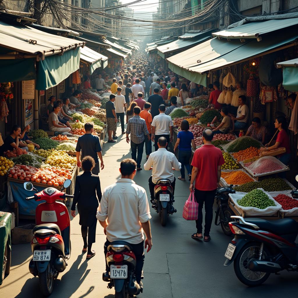 Khung cảnh mua bán tấp nập và không khí náo nhiệt đặc trưng của Chợ Xuân Mai trên quốc lộ 21