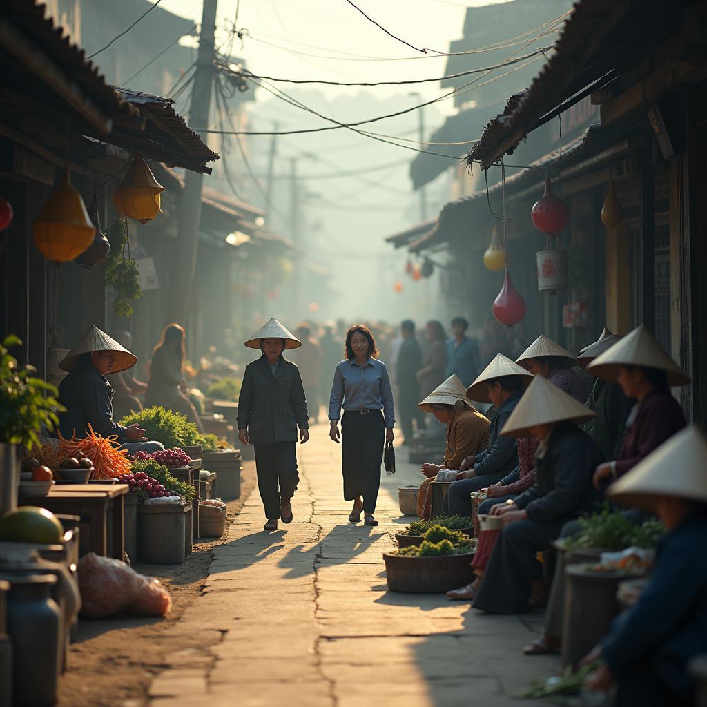 Toàn cảnh không khí nhộn nhịp, tấp nập người mua kẻ bán tại phiên chợ quê Tầm Long vào buổi sáng.
