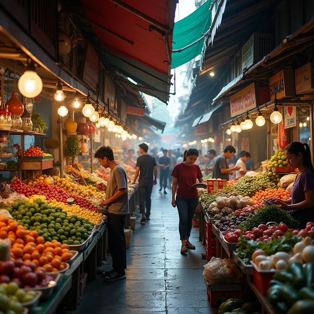 Khung cảnh nhộn nhịp và sầm uất bên trong Chợ Phú Giáo, nơi phản ánh đời sống văn hóa và ẩm thực địa phương.