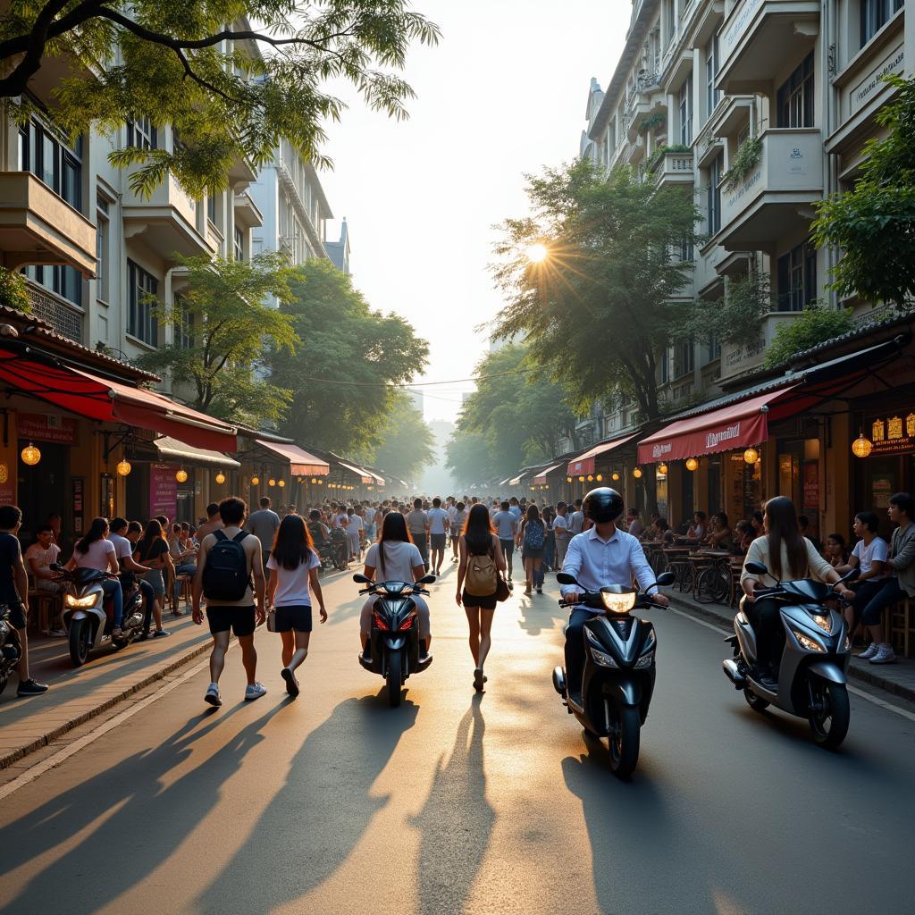 Không khí sôi động và trẻ trung đặc trưng của Phố Trần Quốc Hoàn với hình ảnh các bạn sinh viên đi lại tấp nập.