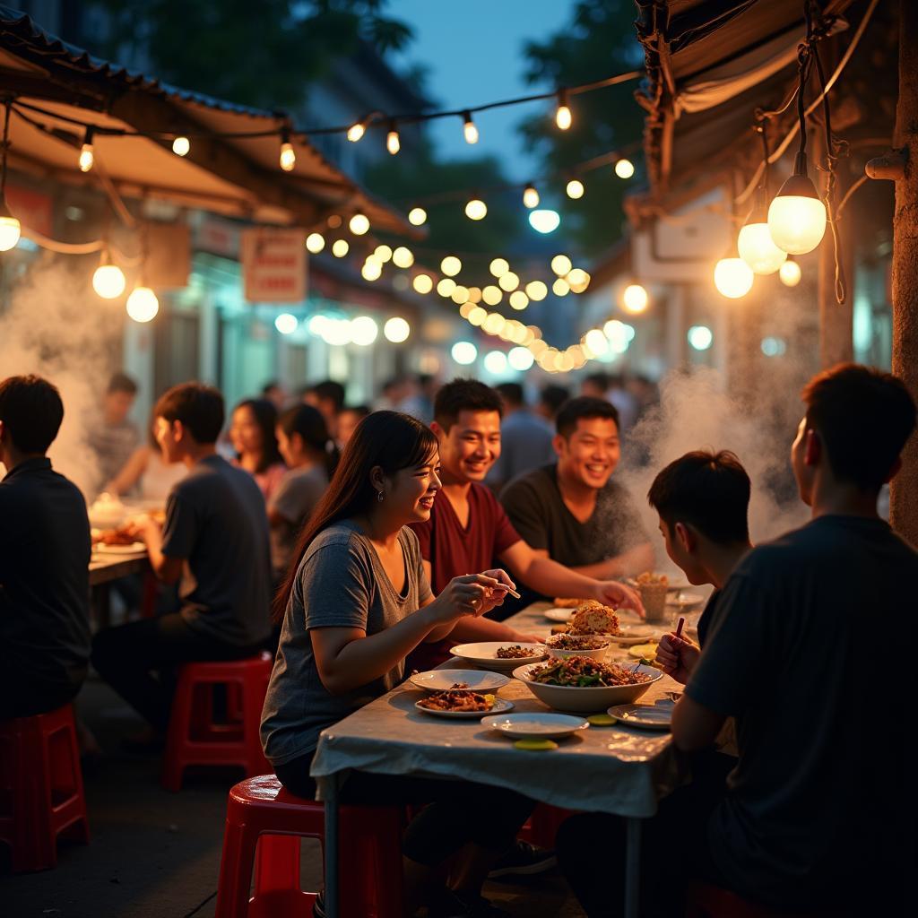 Khu phố ẩm thực đường phố sôi động về đêm tại Phường Bình Hòa, với nhiều hàng quán và thực khách tấp nập. 