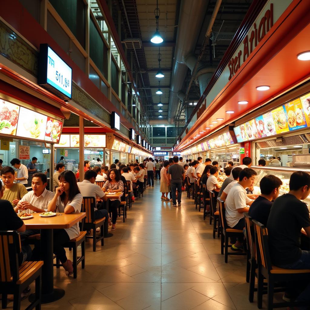 Không gian khu ẩm thực Food Court sôi động và đa dạng món ăn bên trong trung tâm thương mại Pearl Plaza
