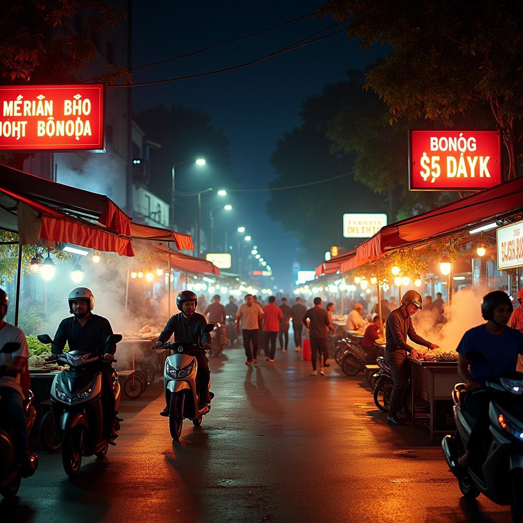 Toàn cảnh khu ẩm thực sầm uất trên đường Nguyễn Sơn, Phường Phú Thạnh, quận Tân Phú với nhiều hàng quán sáng đèn