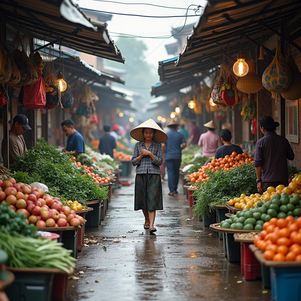Khung cảnh một khu chợ địa phương nhộn nhịp tại Phường Tân Hòa, Phú Thọ với các sạp hàng đầy ắp rau củ quả tươi ngon