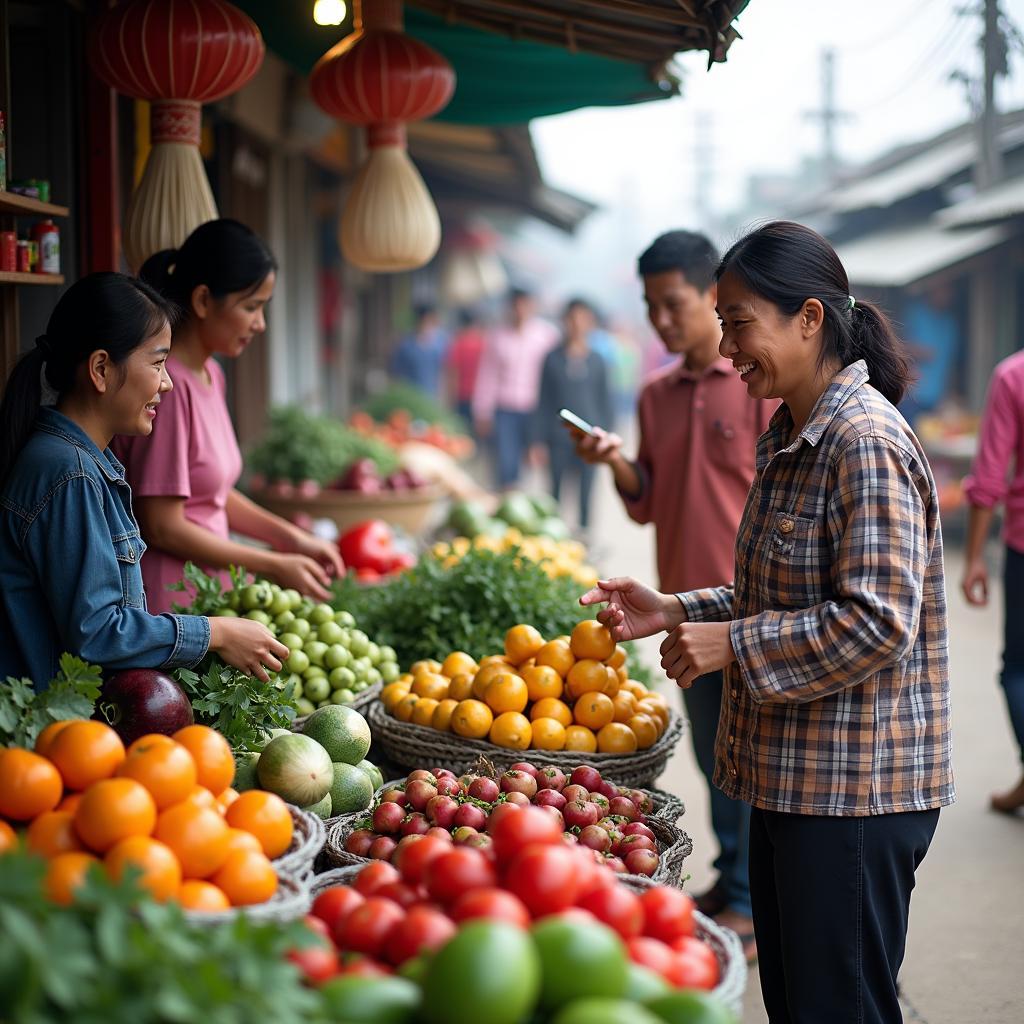 Hình ảnh một khu chợ quê tại Xã Long Hòa nhộn nhịp với người dân địa phương mua bán nông sản và các món ăn đặc sản.