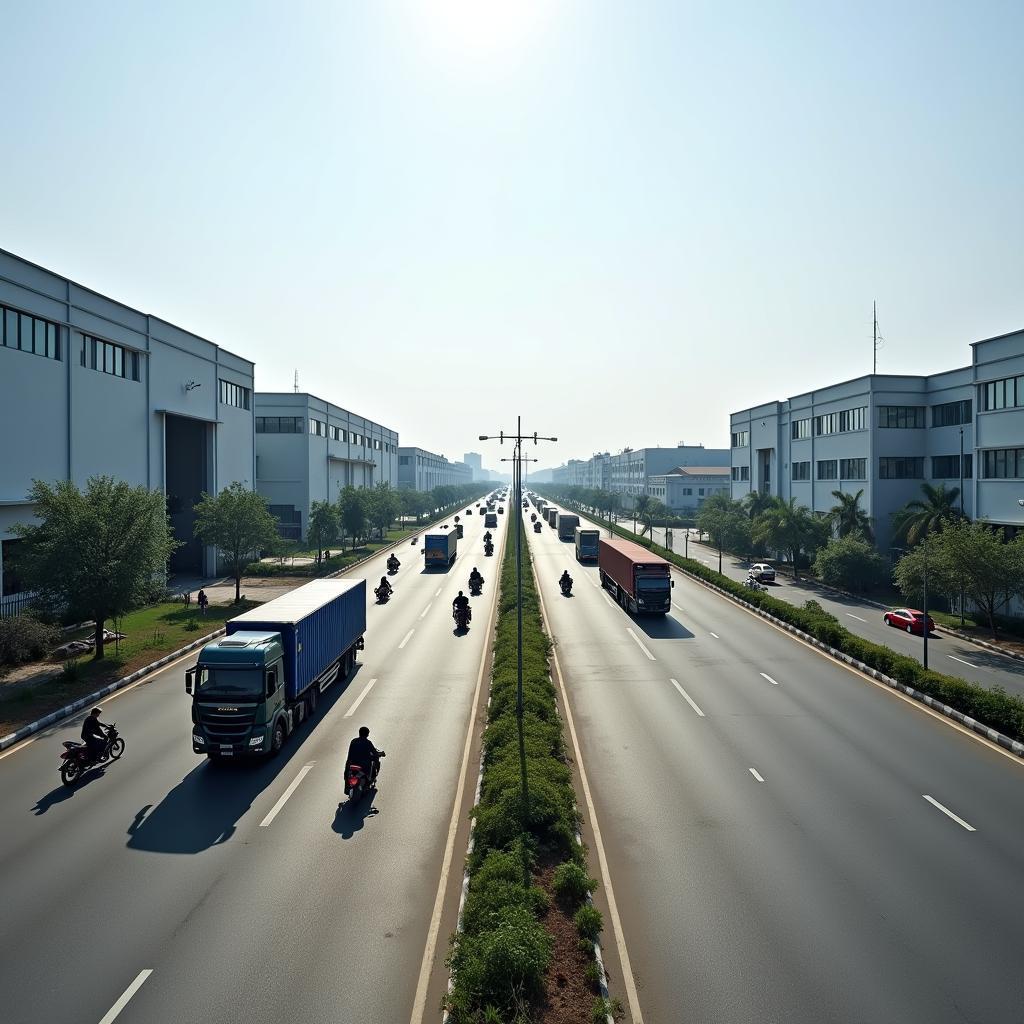 Toàn cảnh Khu Công Nghiệp Cầu Gáo nhộn nhịp trên Tỉnh lộ 417, Đan Phượng, Hà Nội với nhiều nhà máy và xe cộ.