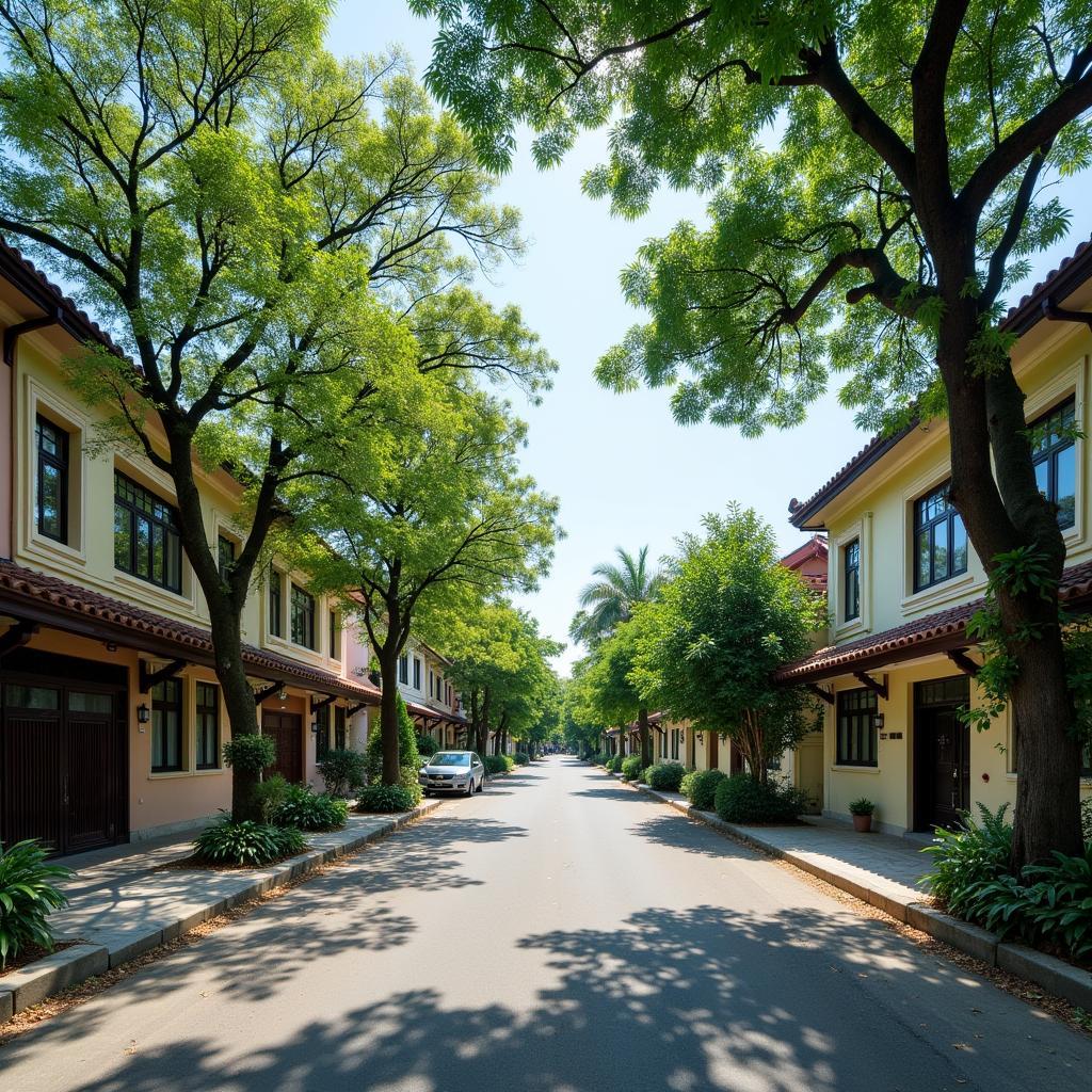 Khung cảnh khu dân cư yên bình tại Phường Bồ Đề Long Biên Hà Nội với nhà cửa và cây xanh