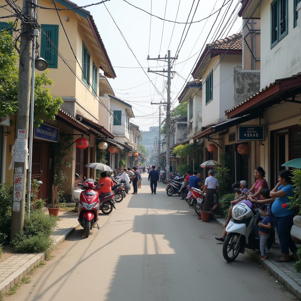 Một góc khu dân cư điển hình tại phường Hòa Lợi, Bến Cát với những ngôi nhà san sát và các cửa hàng kinh doanh nhỏ