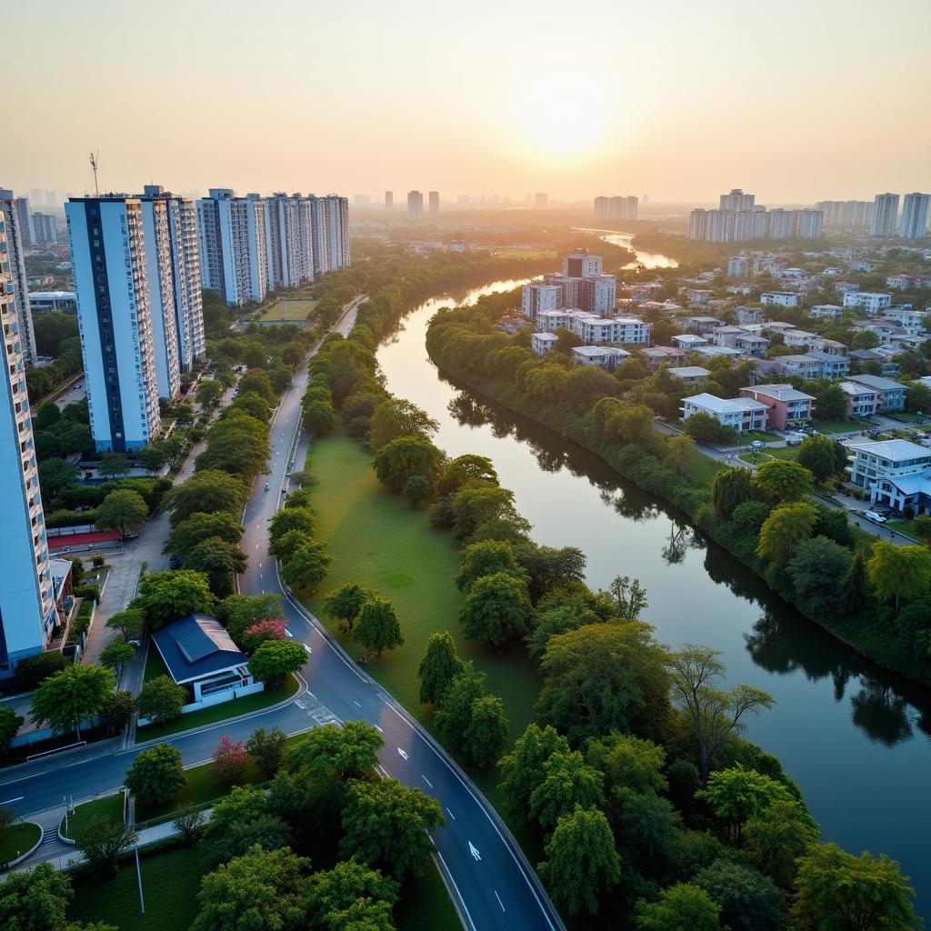 Toan canh khu dan cu Trung Son tai xa Binh Hung nhin tu tren cao vao buoi chieu ta