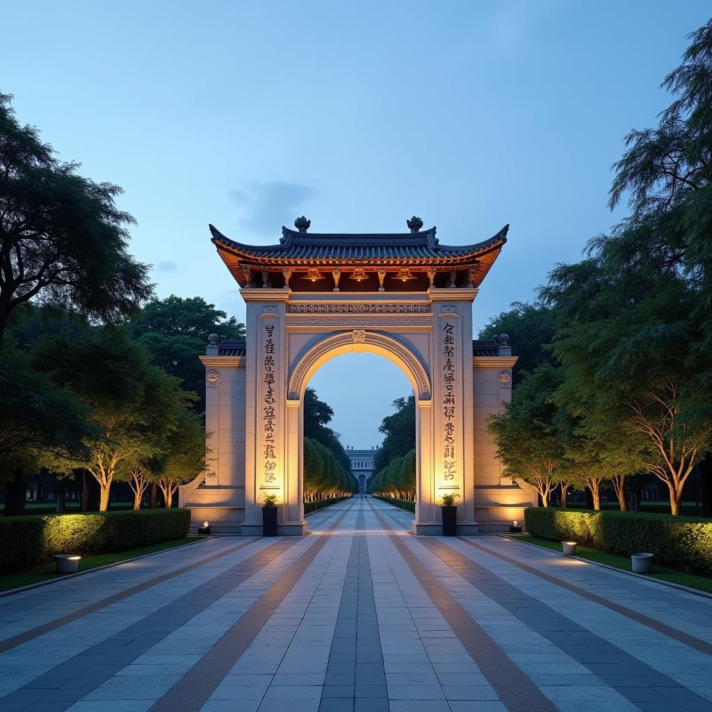 Cổng chính uy nghiêm của Khu di tích lịch sử Láng Le - Bàu Cò tại xã Tân Nhựt, một địa chỉ đỏ giáo dục truyền thống.