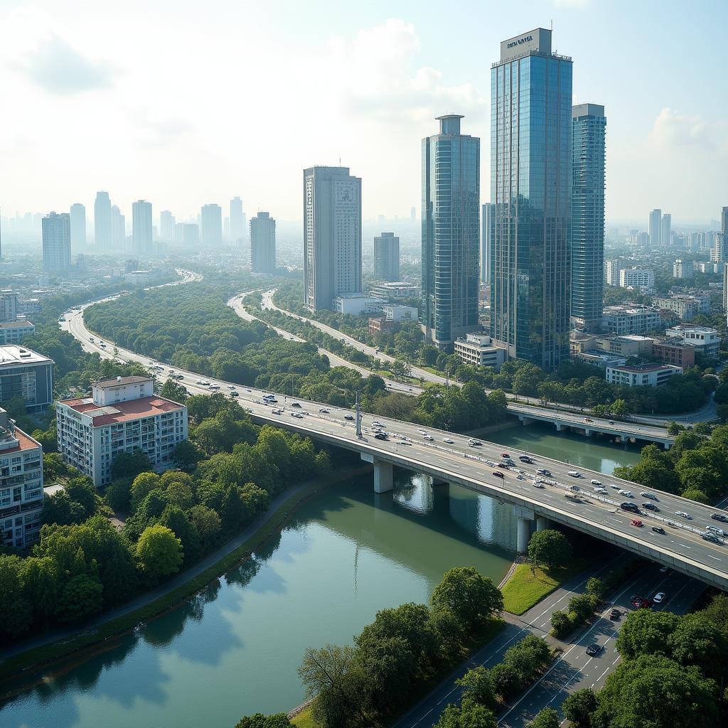 Toàn cảnh khu đô thị hiện đại Sunrise City gần Cầu Kênh Tẻ, đường Nguyễn Hữu Thọ, thể hiện sự phát triển sầm uất