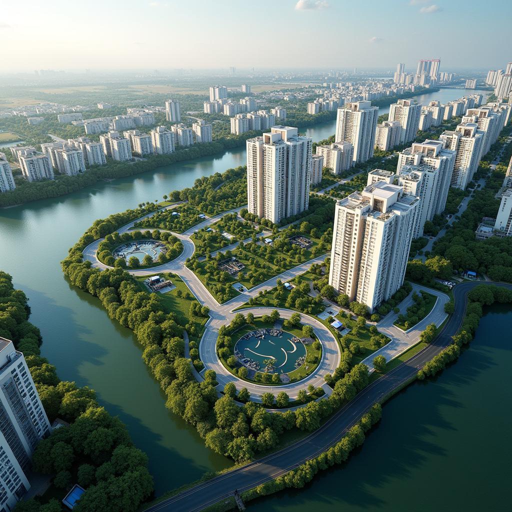 Toan canh khu do thi Linh Dam o Phuong Hoang Liet nhieu toa nha cao tang xay dung quy hoach