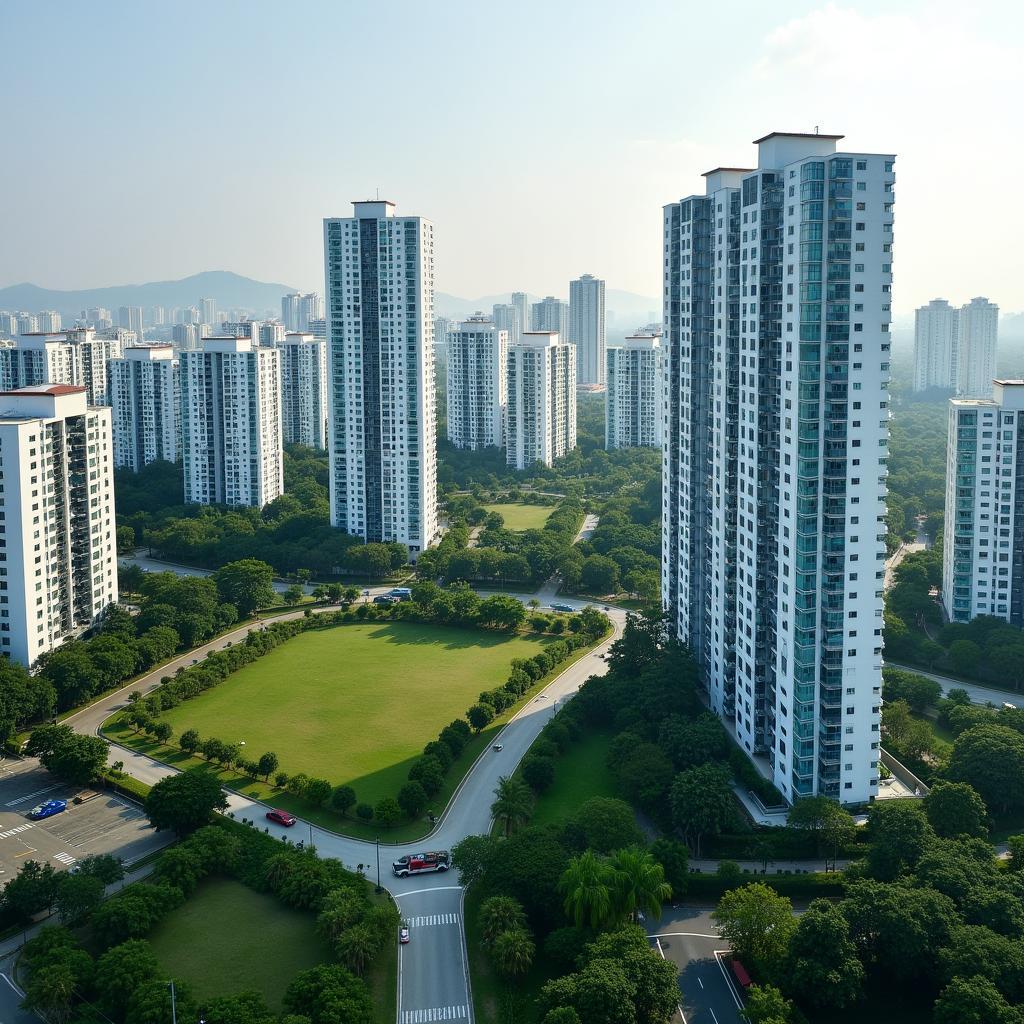 Một góc khu đô thị hiện đại gần khu vực Long Hưng, tỉnh Hưng Yên, với các tòa nhà cao tầng và không gian xanh