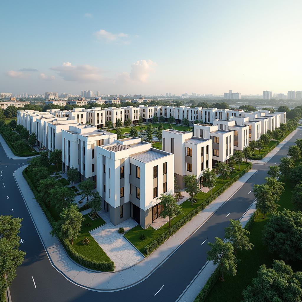 Toàn cảnh một khu đô thị mới tại Xã Nhà Bè, huyện Nhà Bè với những dãy nhà phố liền kề có thiết kế hiện đại, đường xá rộng rãi và cây xanh được quy hoạch gọn gàng.