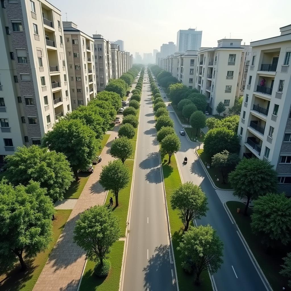 Canh quan duong Nguyen Khuyen khu do thi Van Quan Ha Dong voi cay xanh hien dai