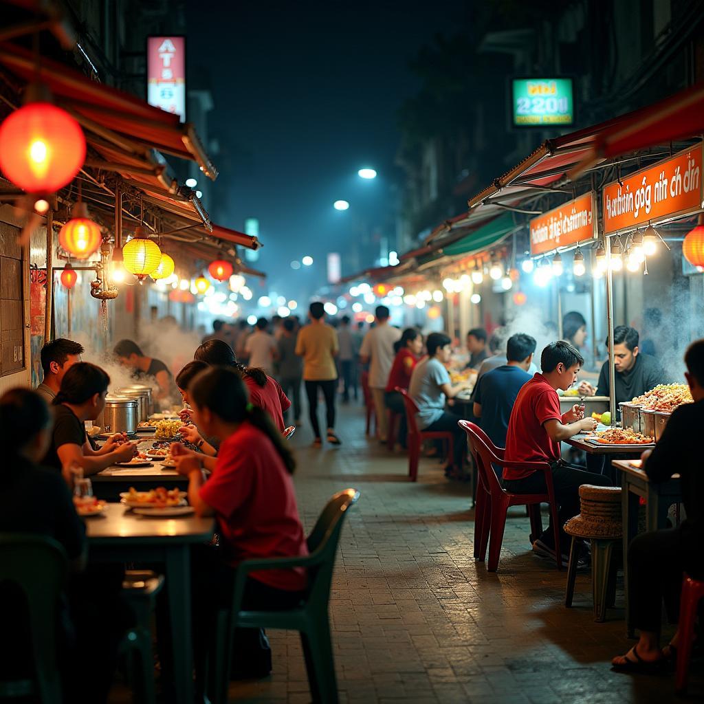 Cảnh tượng khu phố ẩm thực về đêm tại Phường Quyết Thắng, Thái Nguyên với nhiều hàng quán sáng đèn và tấp nập thực khách.