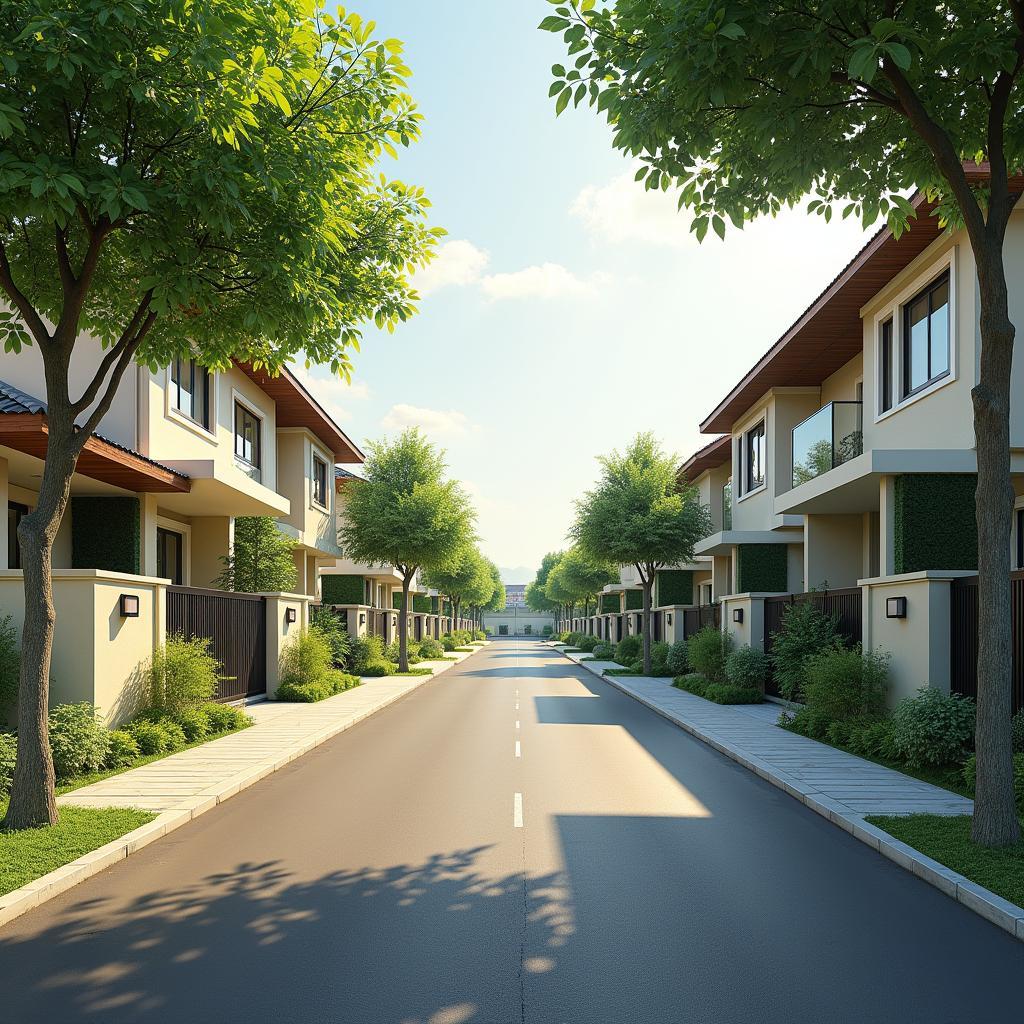 Một góc phố yên bình tại phường Lê Quý Đôn, thành phố Hưng Yên với những ngôi nhà khang trang và cây xanh mát mẻ