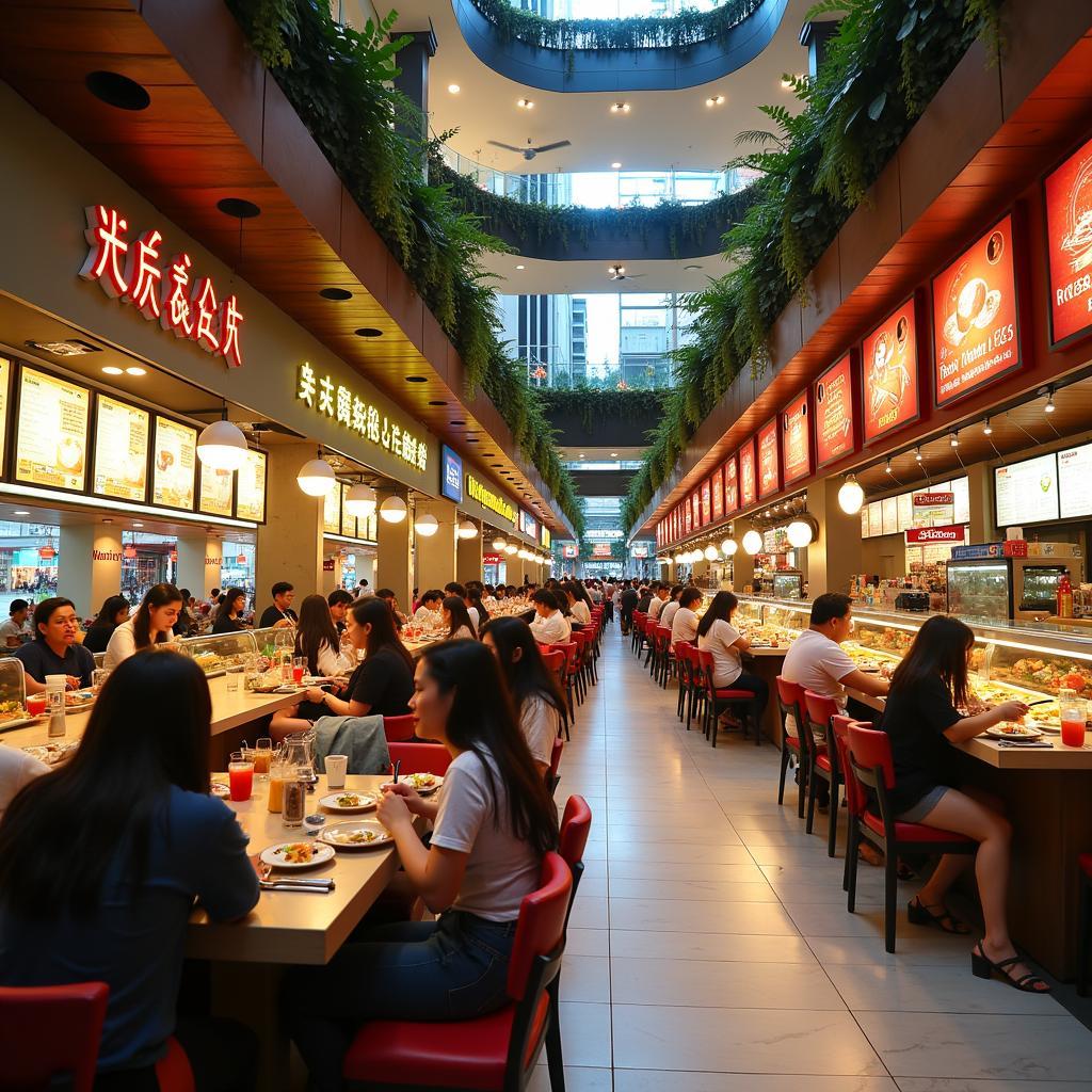 Không gian khu ẩm thực sôi động bên trong Vincom Plaza Nguyễn Xí, Bình Thạnh với nhiều nhà hàng và thực khách.