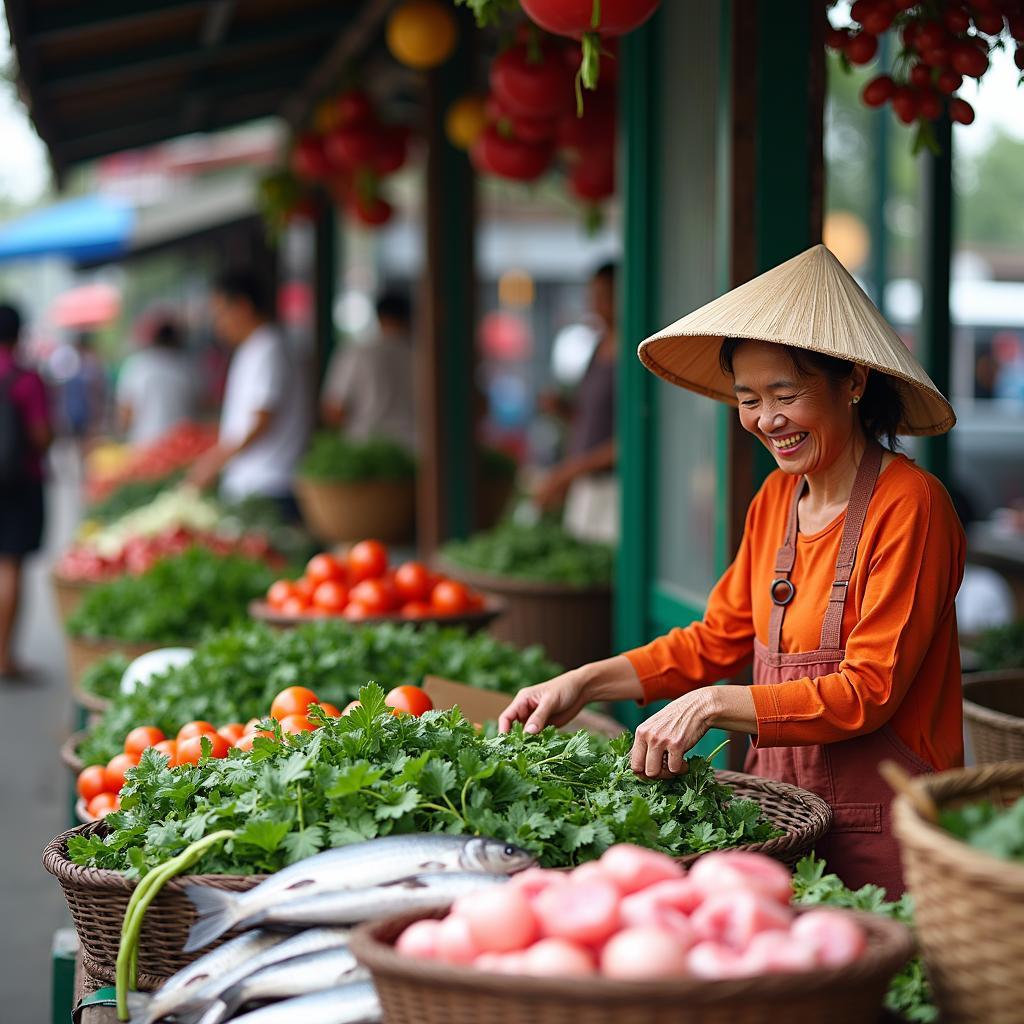 Quầy hàng thực phẩm tươi sống đa dạng tại Chợ Quỳnh Đô Vĩnh Quỳnh Thanh Trì