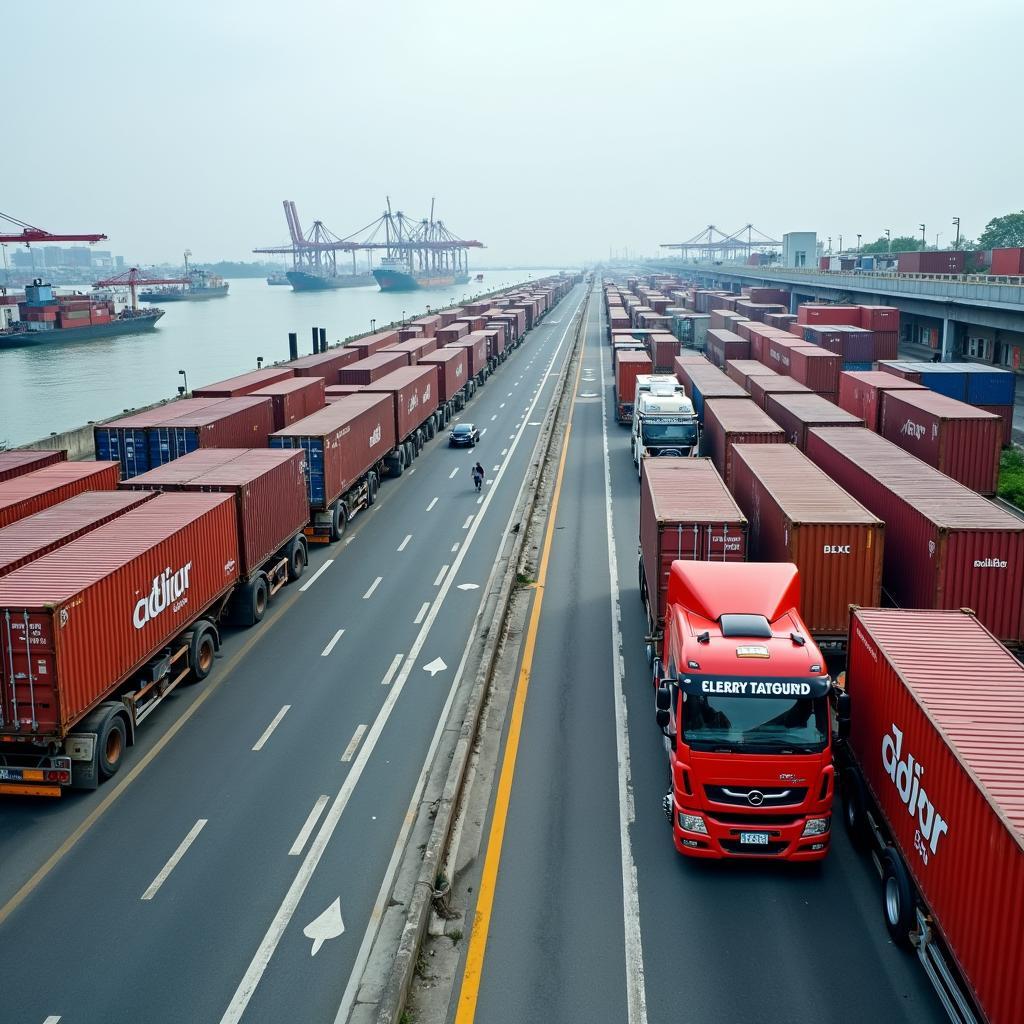 Toàn cảnh khu vực xung quanh bến phà Cát Lái với nhiều xe container, kho bãi và hoạt động logistics.