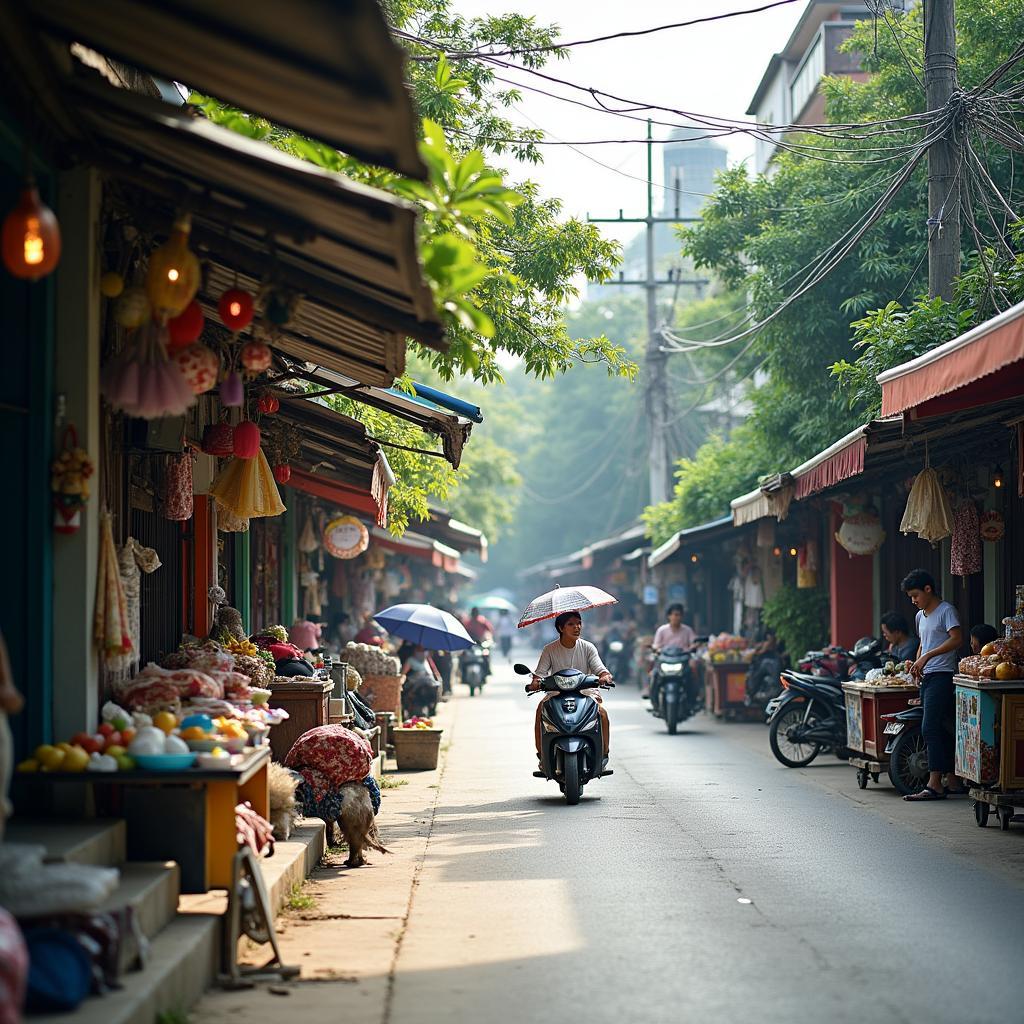 Góc phố gần Bưu điện Tam Bình trên đường Tô Ngọc Vân, Thủ Đức, với các cửa hàng và hoạt động đời sống thường nhật