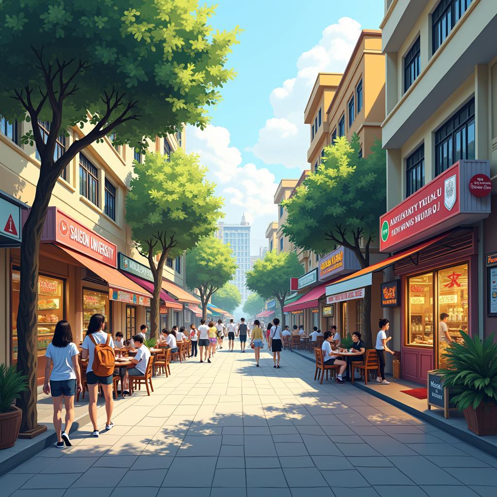 Quang cảnh nhộn nhịp khu vực xung quanh Truong Dai hoc Sai Gon voi tiem an, cafe cho sinh vien