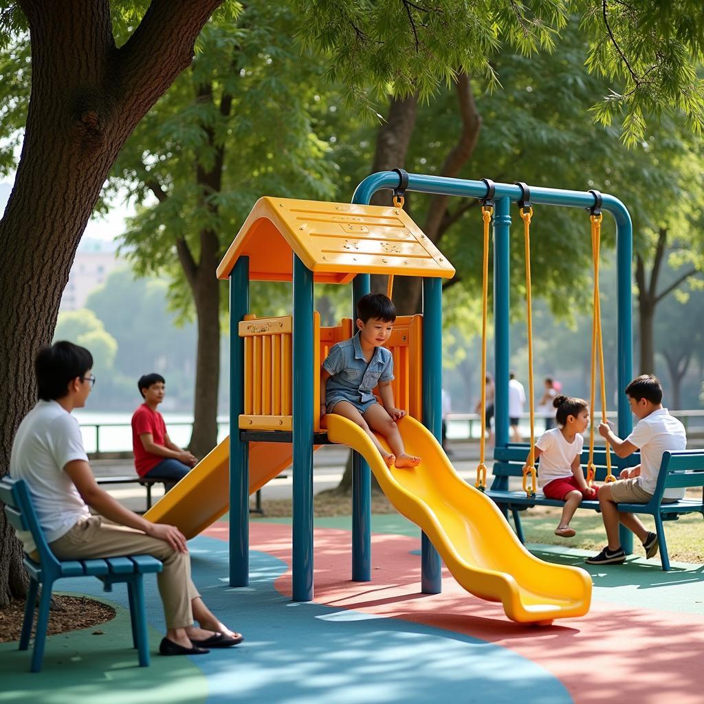 Khu vui chơi trẻ em tại Công viên Hồ Thị Tư với cầu trượt, xích đu cho các bé vui đùa thỏa thích.