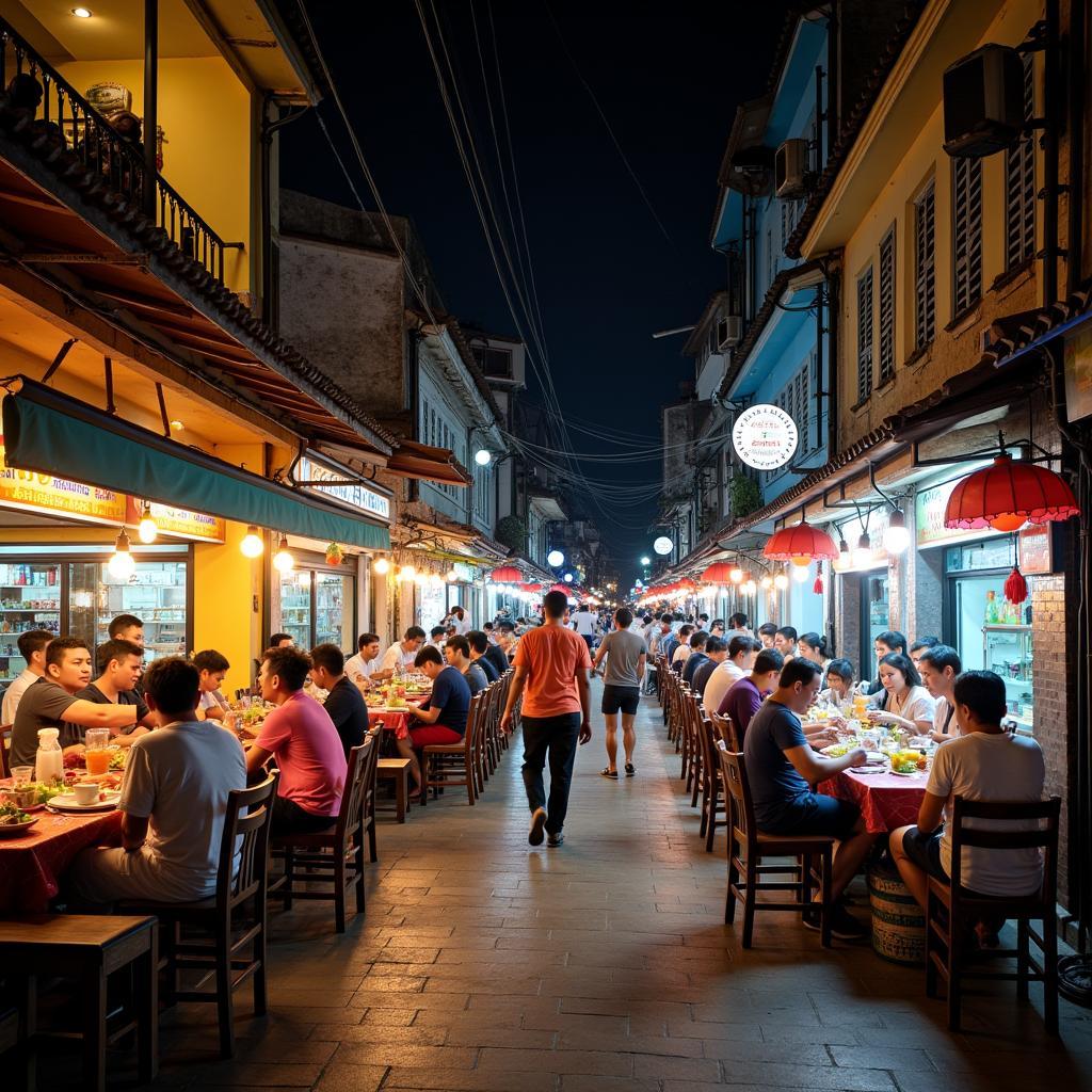 Một góc đường Phan Tứ, quận Ngũ Hành Sơn, tấp nập các quán ăn và thực khách vào buổi tối, thể hiện sự sôi động của phố ẩm thực.