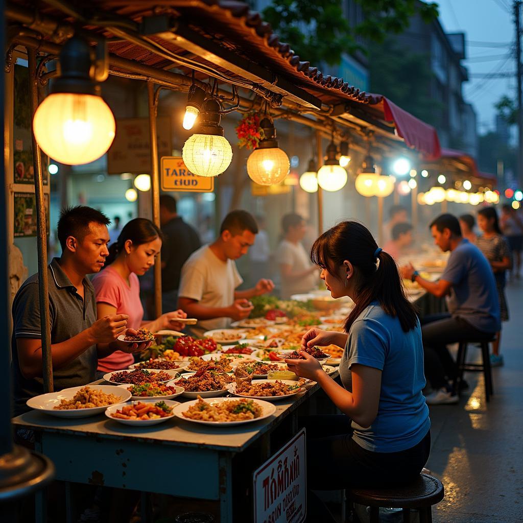Một góc phố ẩm thực nhộn nhịp tại phường Trung Thành, tỉnh Thái Nguyên với các quán ăn vỉa hè và người dân qua lại