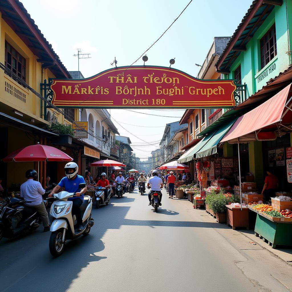 Toàn cảnh bên ngoài Chợ Thành Thái, 135D Thành Thái, P. 14, Q. 10, TP. HCM với nhiều người qua lại mua sắm.