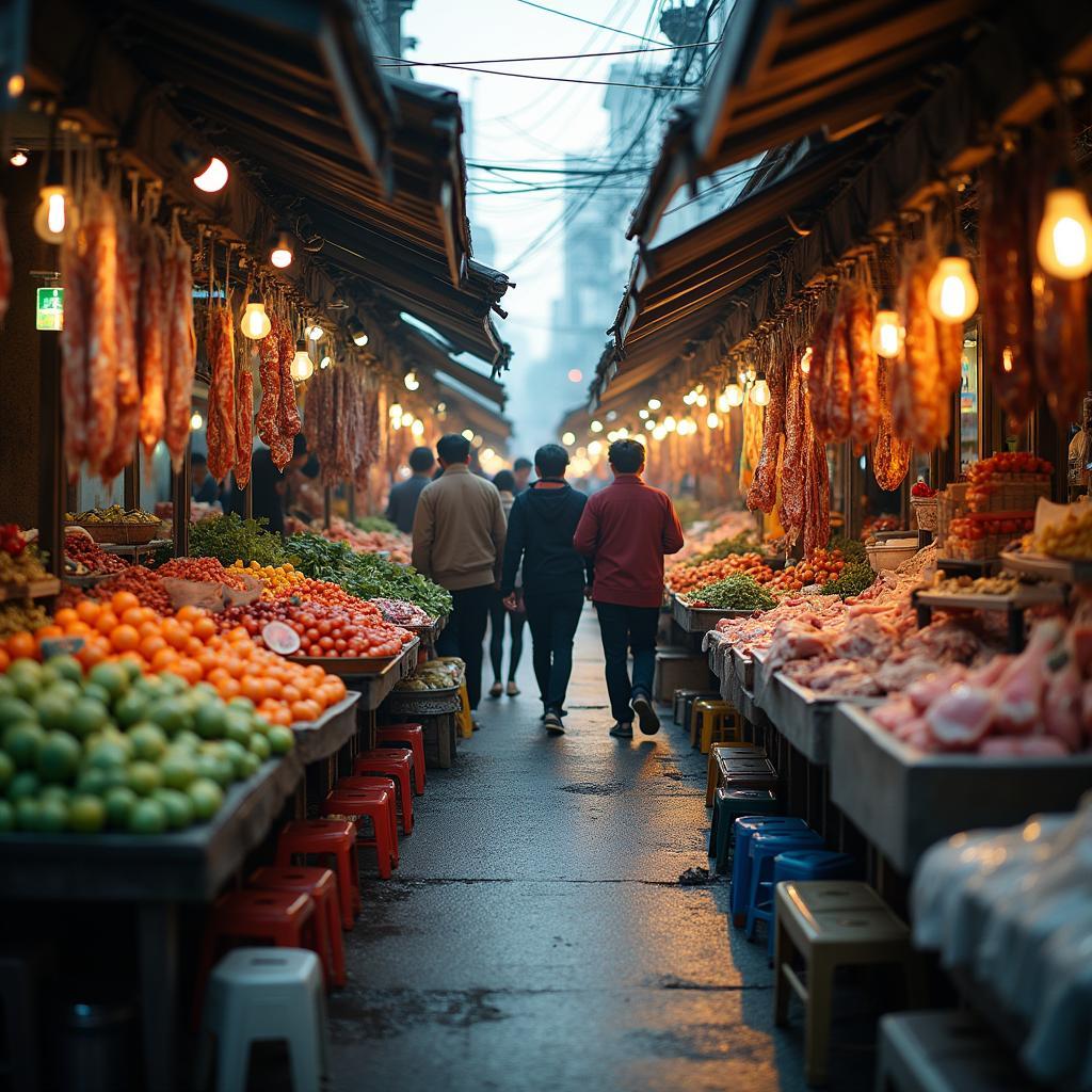 Khung cảnh chợ Khương Thượng, Đống Đa nhộn nhịp người mua kẻ bán, tái hiện nếp sống Hà Nội xưa.