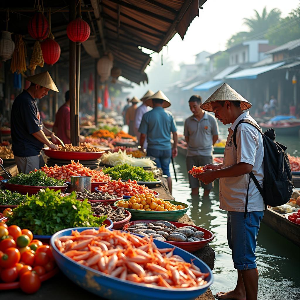 Toàn cảnh Chợ Nhà Phận, Cái Nước, Cà Mau tấp nập người mua kẻ bán vào buổi sáng sớm.