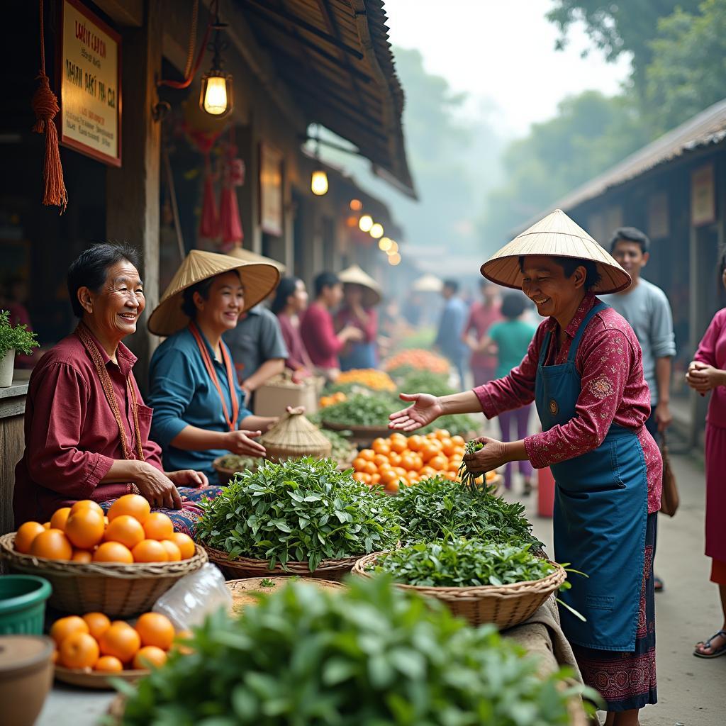 Khung cảnh một phiên chợ quê buổi sớm tại xã An Nghĩa, tỉnh Phú Thọ, bày bán các sản vật địa phương như rau xanh, chè và hoa quả.