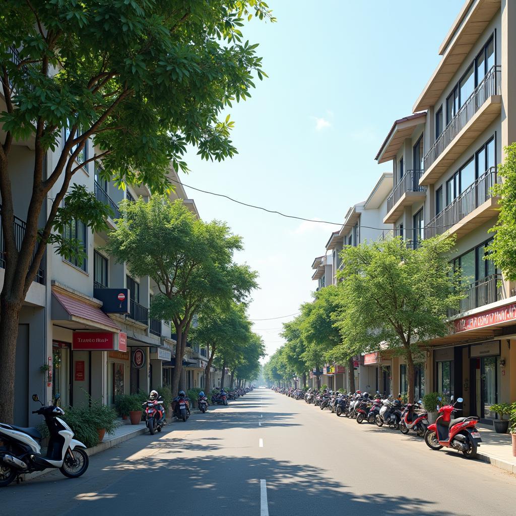 Khung cảnh một góc đường phố tại Phường Bắc Kạn, Tỉnh Thái Nguyên với những ngôi nhà san sát và cây xanh