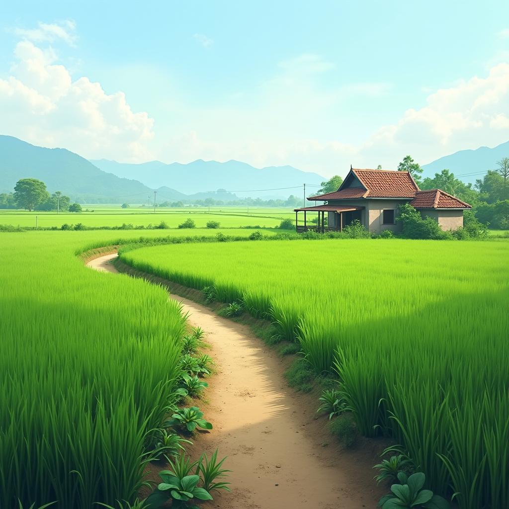 Khung cảnh bình yên của làng quê Bắc Thái Ninh với cánh đồng lúa xanh và con đường đất nhỏ thân thuộc.