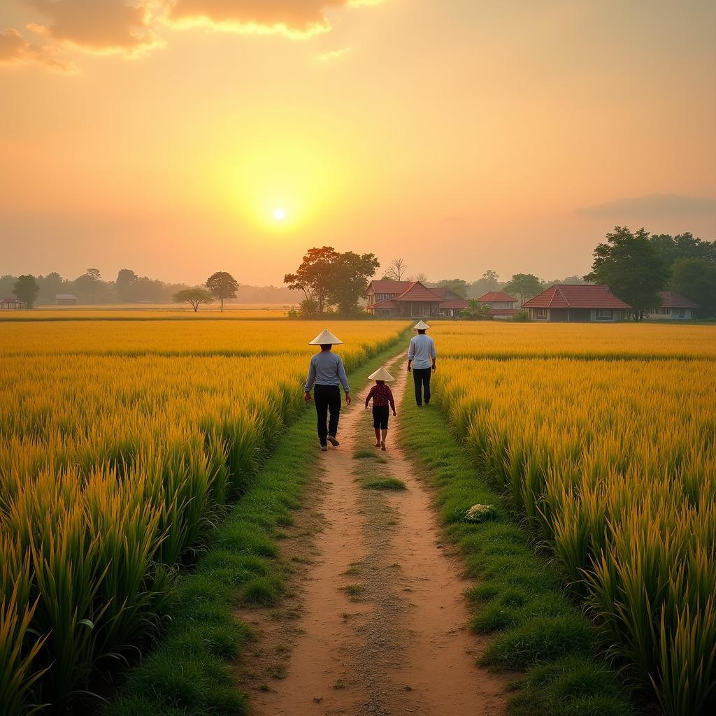 Bức tranh làng quê Phạm Ngũ Lão thanh bình với cánh đồng lúa vàng và con đường đất nhỏ