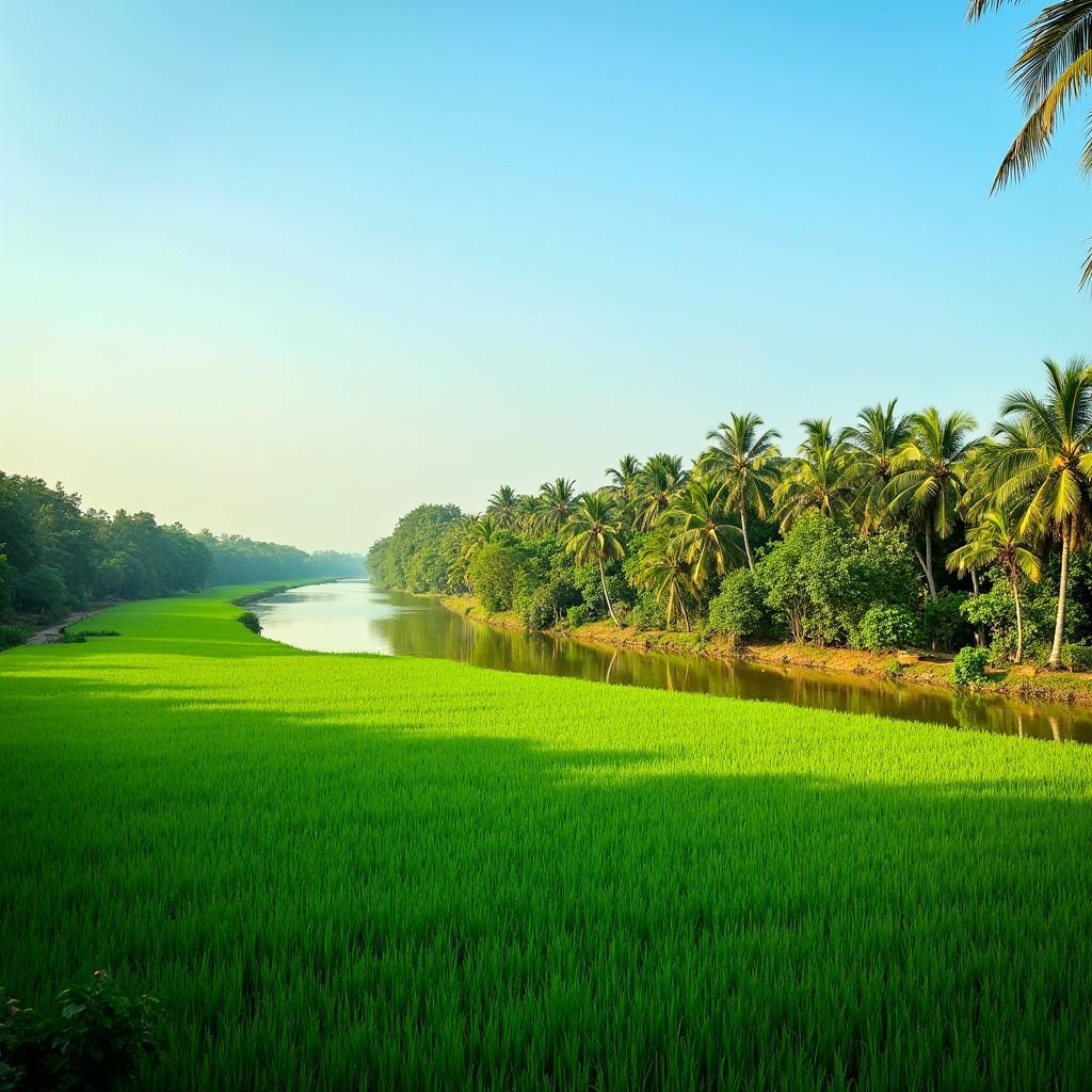 Khung cảnh nông thôn miền Tây yên bình gần Cầu Cống Đá với vườn cây ăn trái trĩu quả và đồng lúa xanh mướt.