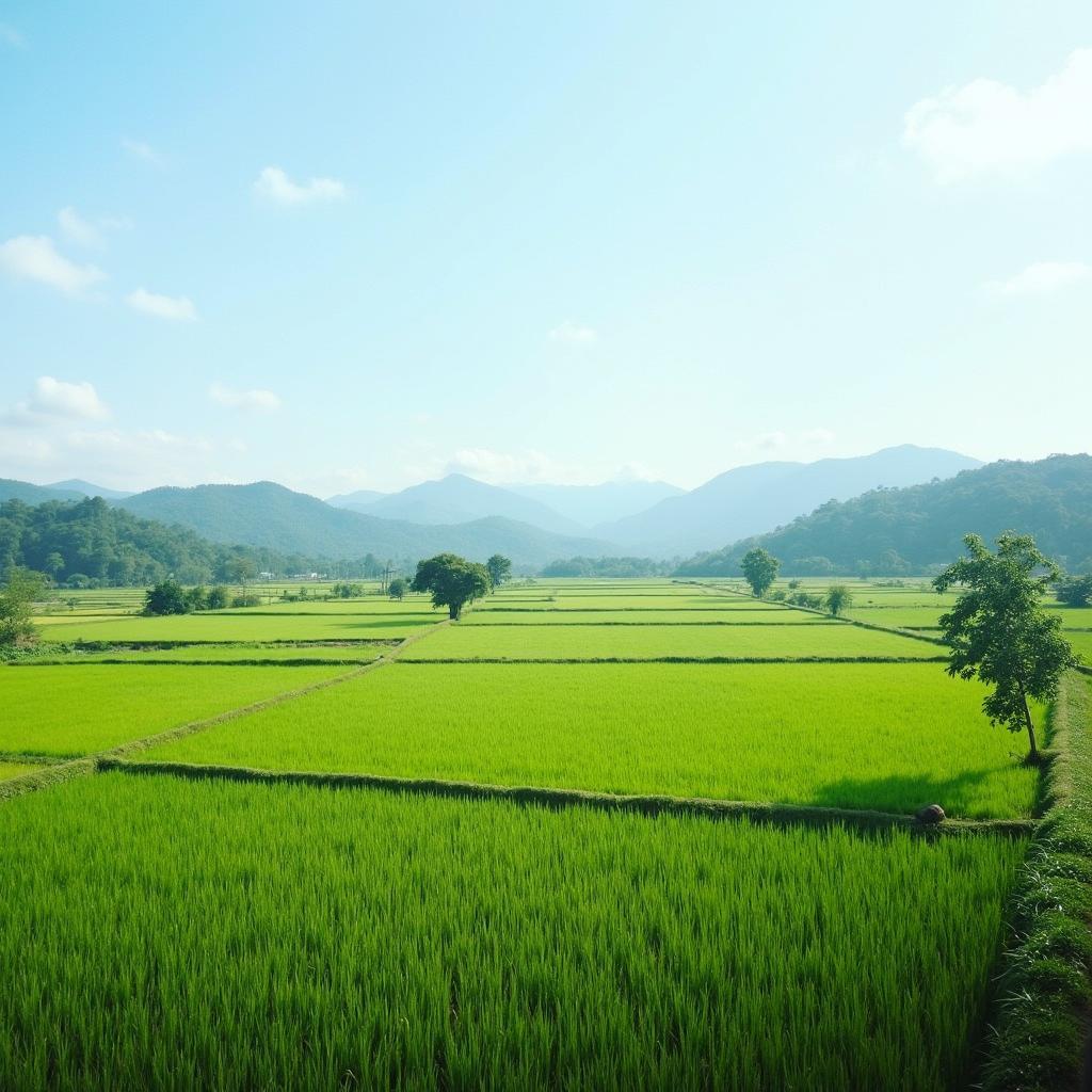 Khung cảnh nông thôn yên bình với cánh đồng lúa và núi đồi tại Xã Kim Phượng, Tỉnh Thái Nguyên