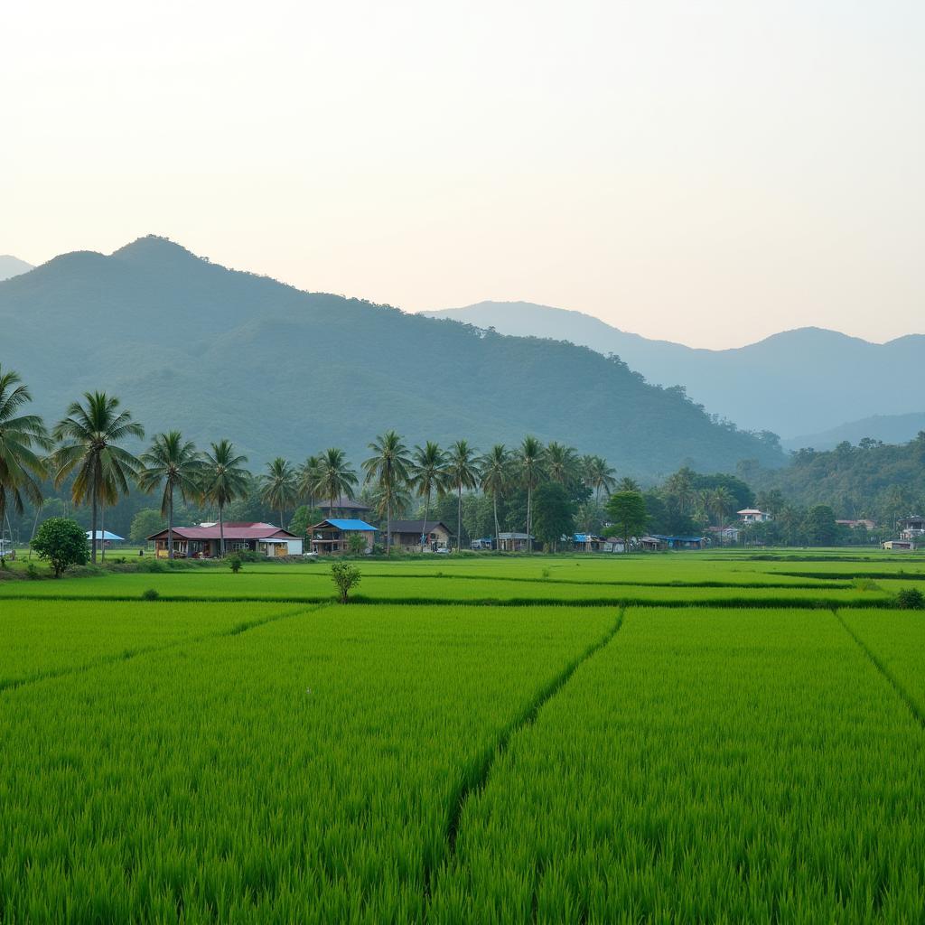 Khung cảnh yên bình với cánh đồng và đồi cọ tại Xã Sơn Lương Phú Thọ