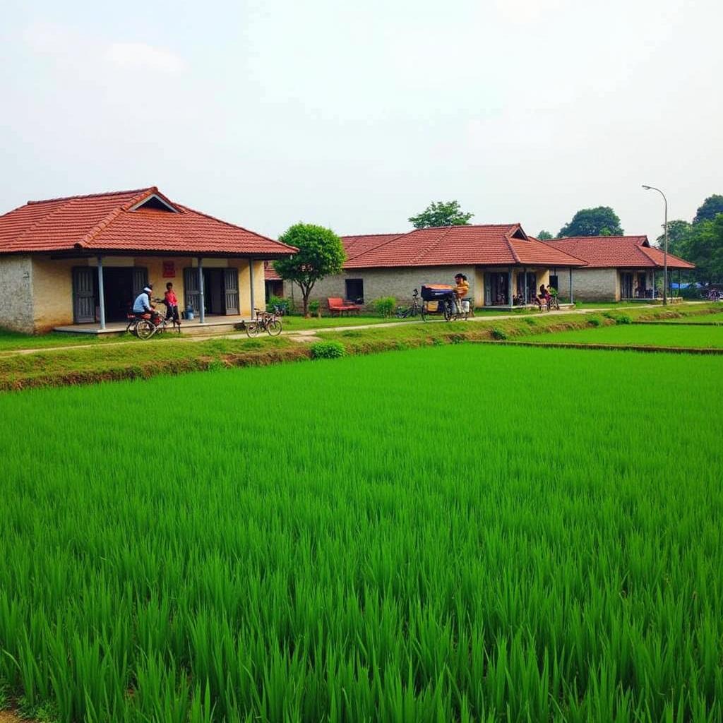 Một góc làng quê yên bình tại xã Trần Phú, Chương Mỹ với những ngôi nhà mái ngói đỏ và cánh đồng lúa xanh mướt