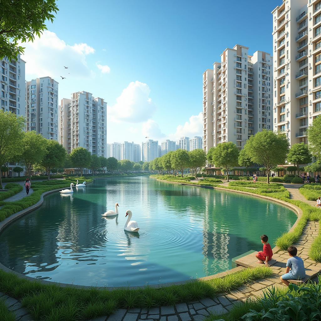 Toàn cảnh khu đô thị Ecopark Văn Giang, Tỉnh Hưng Yên xanh mát với hồ nước và cây cối