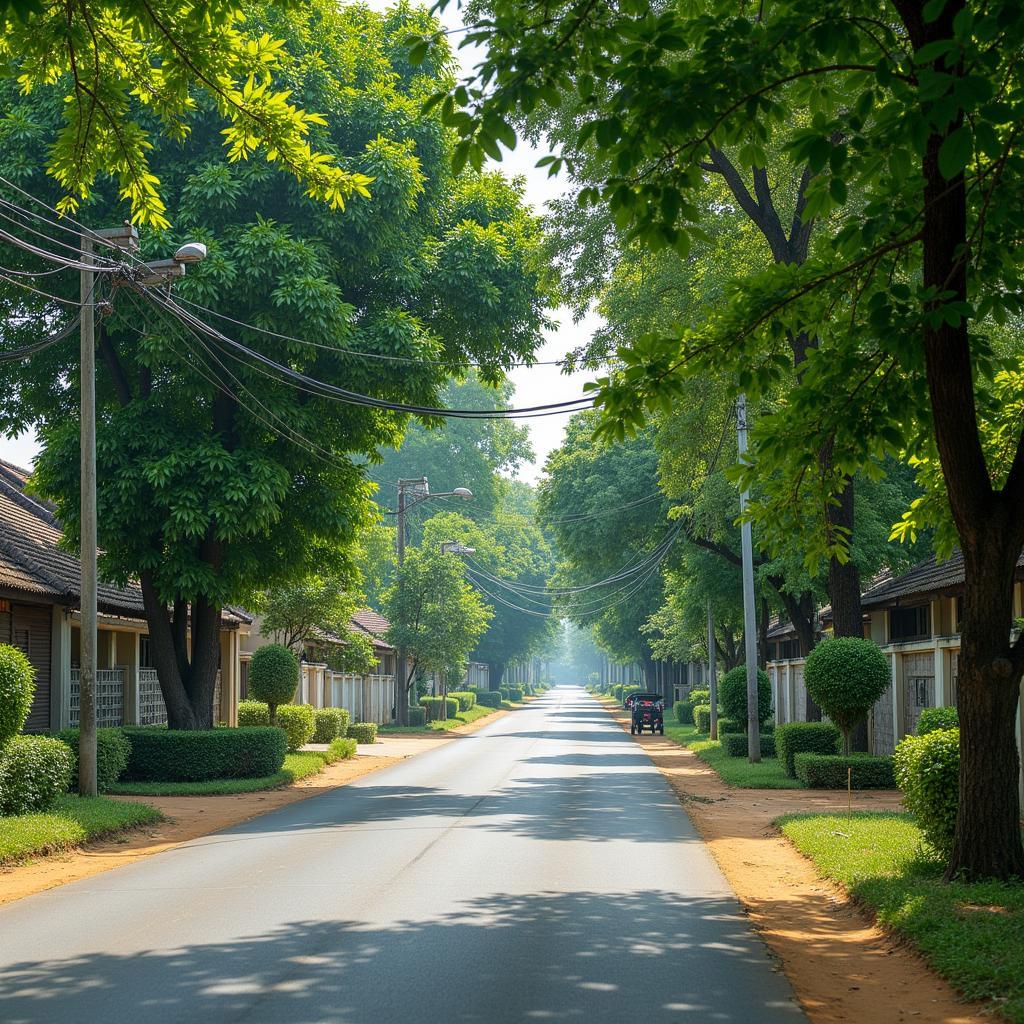 Khung cảnh một con đường làng yên bình tại Xã Tân An Hội, Củ Chi với hàng cây xanh và những ngôi nhà ven đường