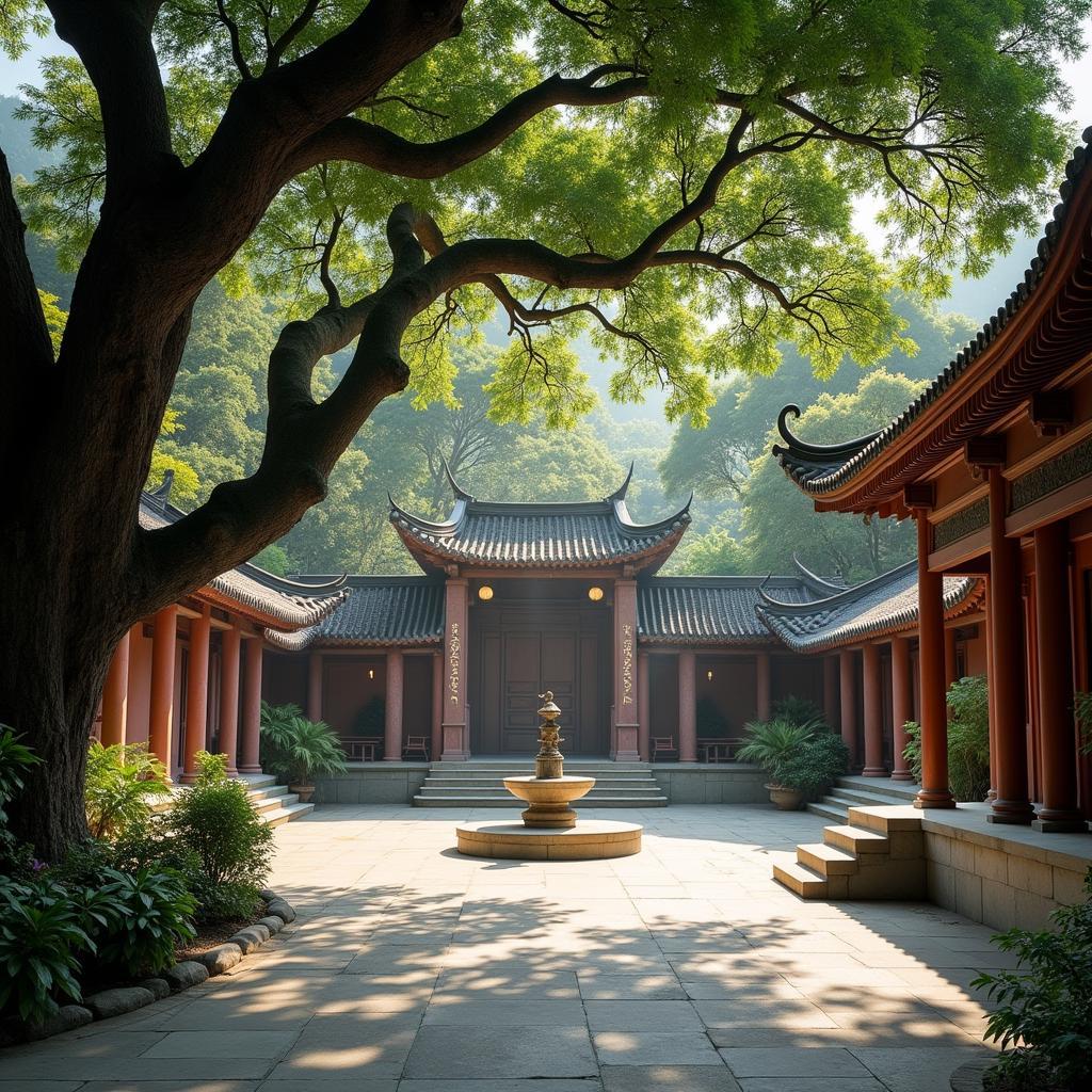 Khung cảnh bình yên trong khuôn viên Miếu Mạch Nước Hóc Môn với cây cổ thụ và kiến trúc truyền thống.